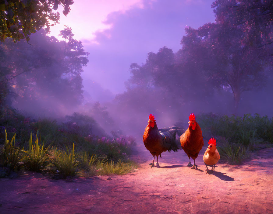 Forest Path with Two Roosters and a Hen in Purple Sunlight