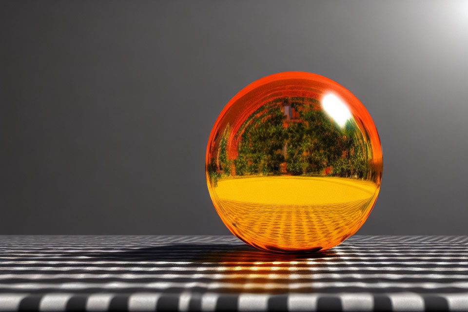 Orange Glass Sphere on Checkered Surface Reflecting Surrounding Greenery and Sky