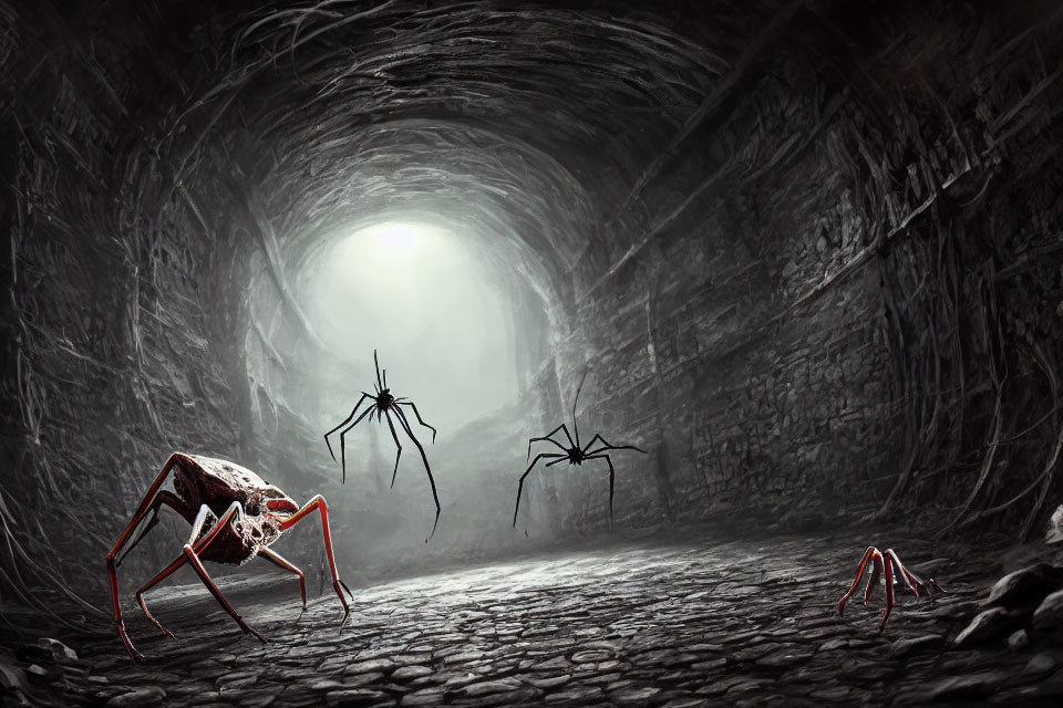 Giant Spiders in Dimly Lit Stone Tunnel with Green Glow