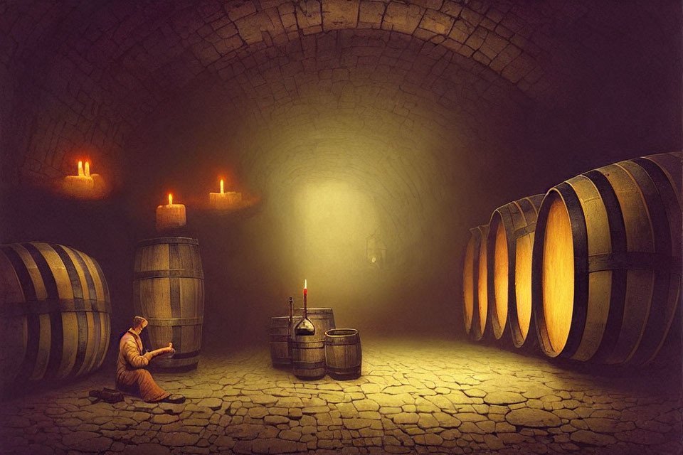 Pensive person in candlelit cellar with barrels and open book