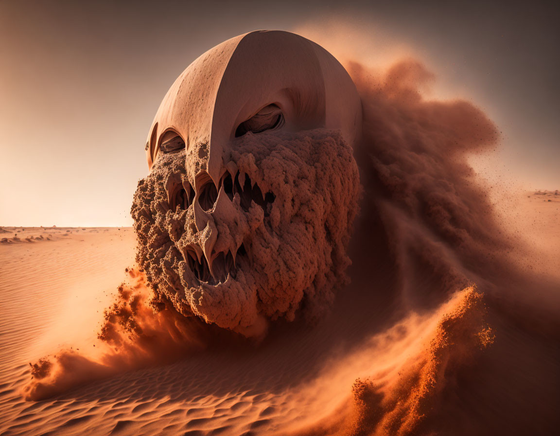 Skull half-buried in swirling desert sandstorm