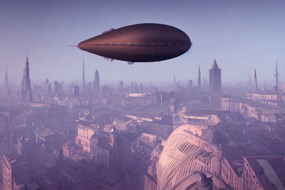 Retro-futuristic airship over misty purple cityscape
