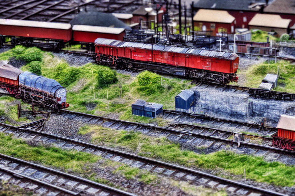 Detailed miniature model train scene with colorful tracks, cars, buildings, and foliage