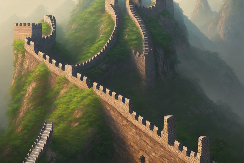 Great Wall of China winding through lush greenery and misty mountains under soft light