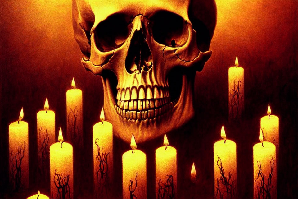 Stylized skull on orange background with lit candles, creating eerie vibe