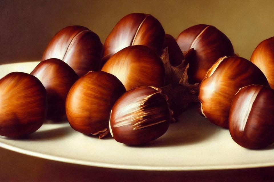 Detailed painting of shiny chestnuts on plate with soft lighting