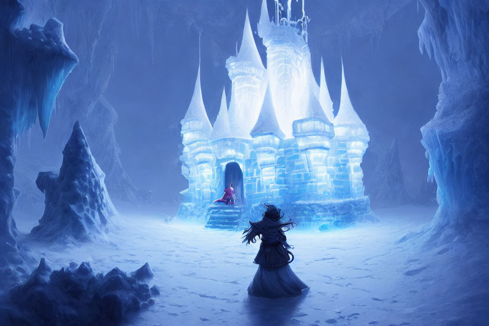 Majestic ice castle with glowing lights in frosty landscape and figure in cloak