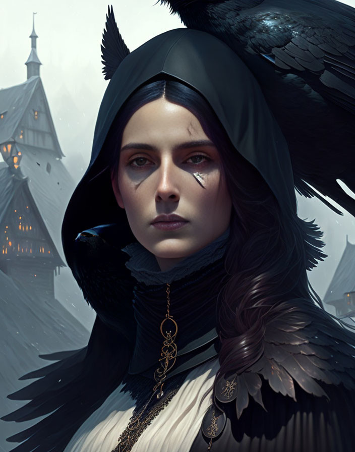 Portrait of woman with pale skin, dark hair, black hooded cloak, feather details, and r