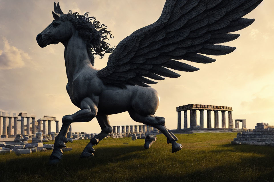 Mythical Pegasus with spread wings galloping near ancient Greek ruins