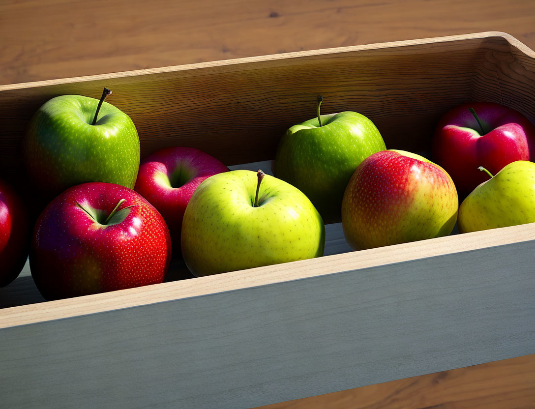 Wooden drawer filled with vibrant fresh apples in red, green, and yellow colors