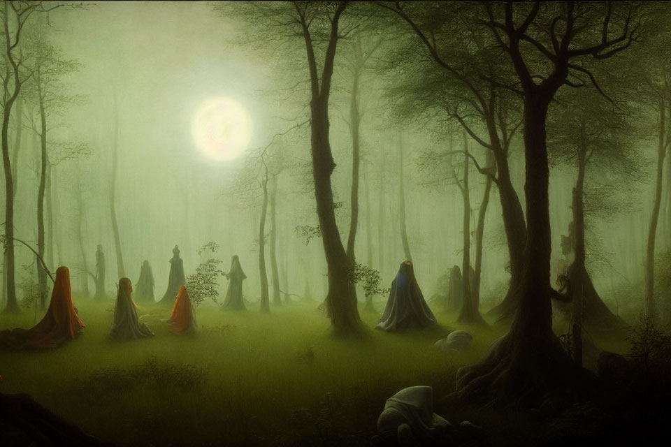 Mystical forest scene at dusk with robed figures and glowing orb