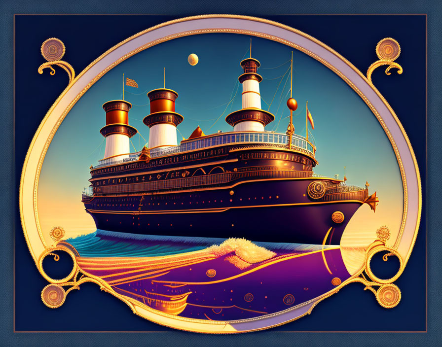 Vintage-style illustration of large steamship on blue and purple sea under crescent moon.
