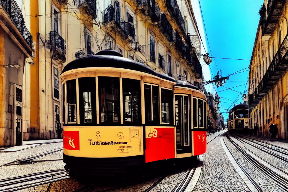 Vintage tram on cobblestone street in historic city district with classic architecture and tram lines.