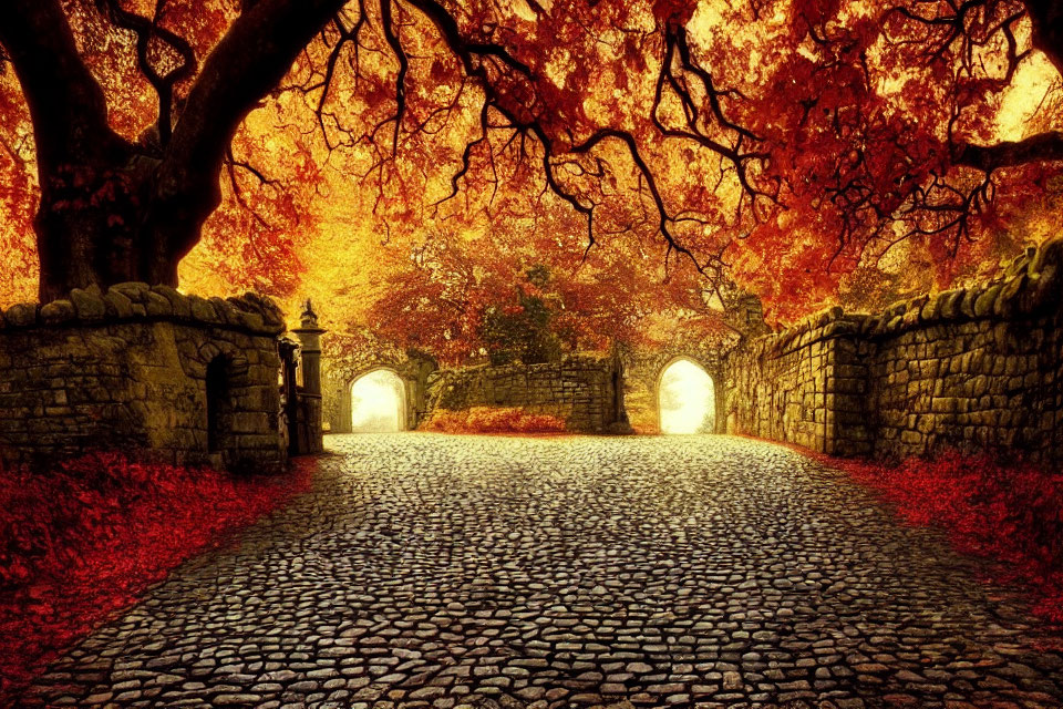 Stone bridge surrounded by autumn foliage in golden hues