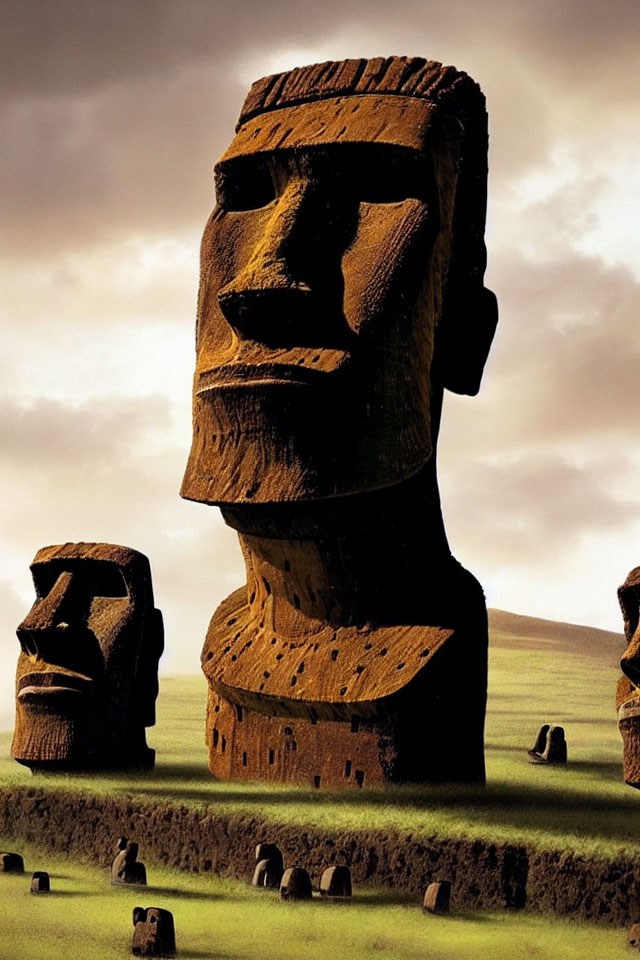 Prominent facial features on giant moai statues in grassy plain