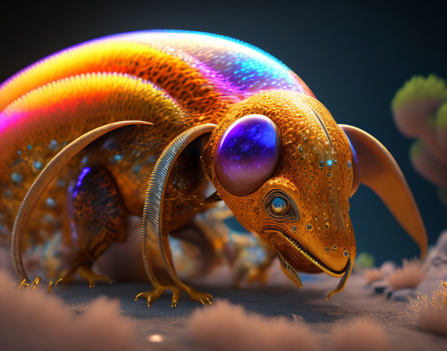 Colorful Fantastical Creature with Glossy Orb and Intricate Skin Texture
