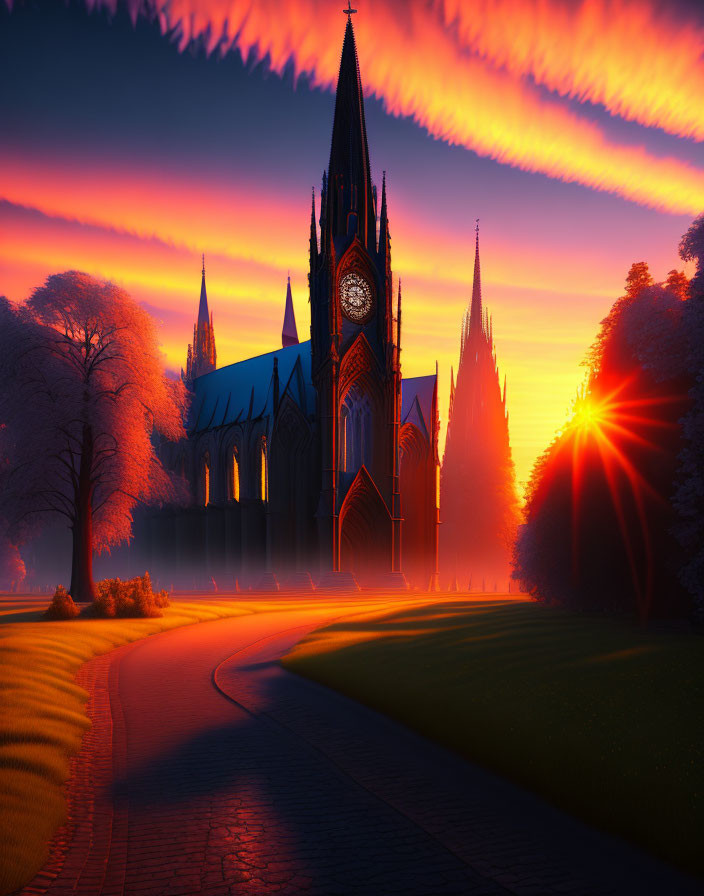 Gothic cathedral at sunset with vibrant orange clouds and sunburst over lush lawn