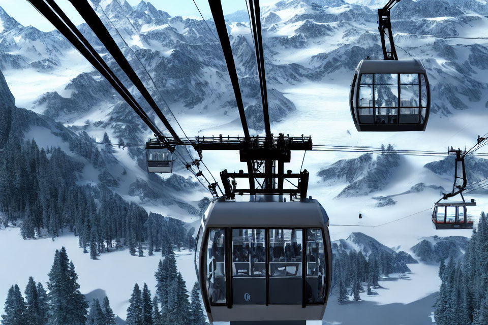 Snowy mountain landscape with cable cars and pine forests under clear sky
