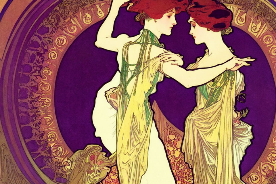 Art Nouveau illustration of two women in flowing dresses with intricate floral patterns on bold purple background