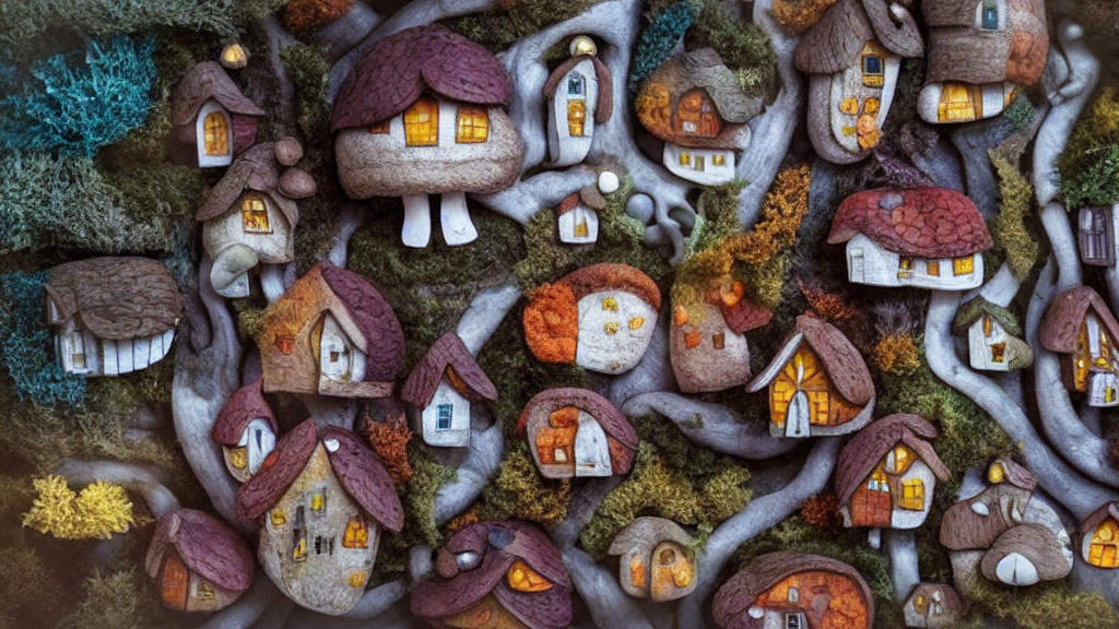 Miniature fairy-tale houses nestled among tree roots and moss.