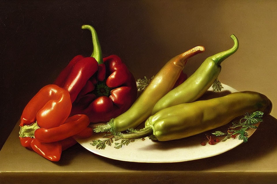 Still Life Painting of Red Bell Pepper, Green Chili Peppers, and Cucumber on White Plate