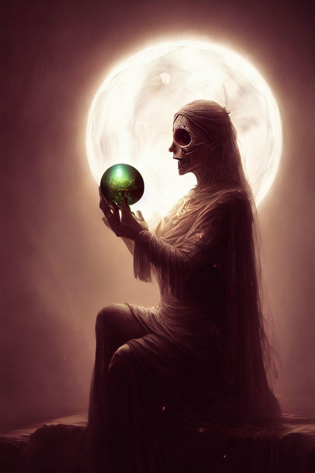 Ethereal figure with skeletal face holding glowing orb under full moon
