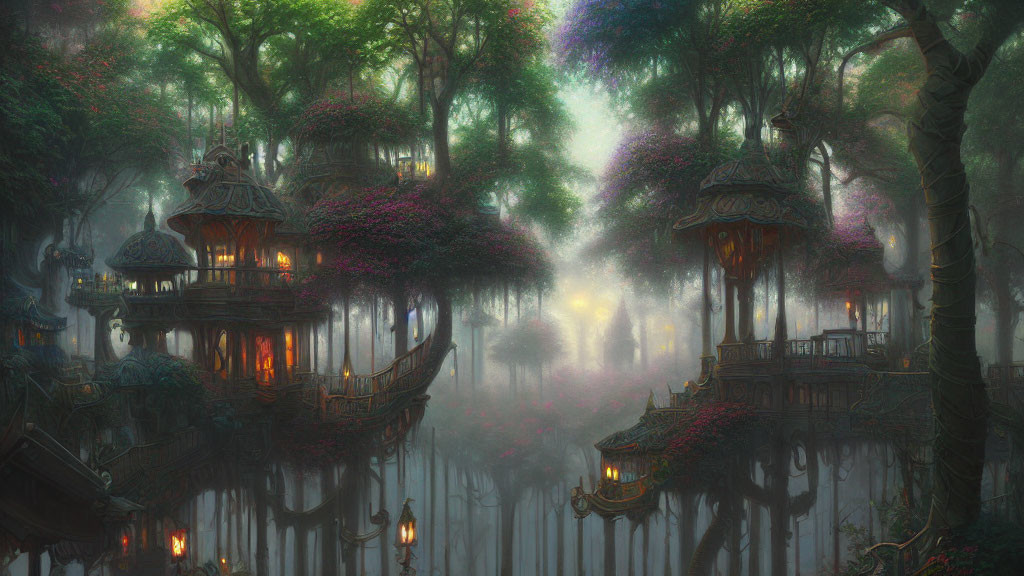Enchanting forest with mystical treehouses, glowing lanterns, and purple foliage