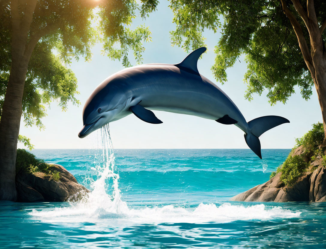 Dolphin leaping over turquoise waters near lush tropical island