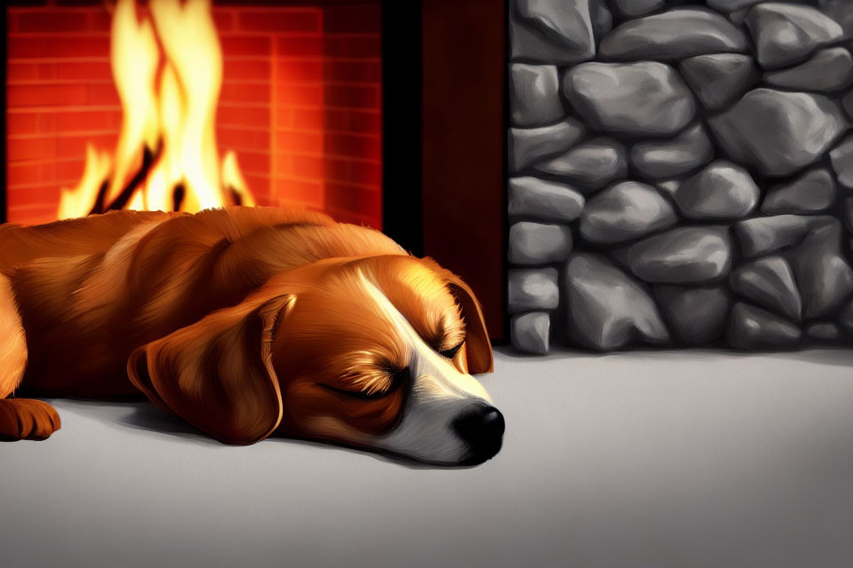 Brown and White Dog Sleeping by Cozy Stone Fireplace