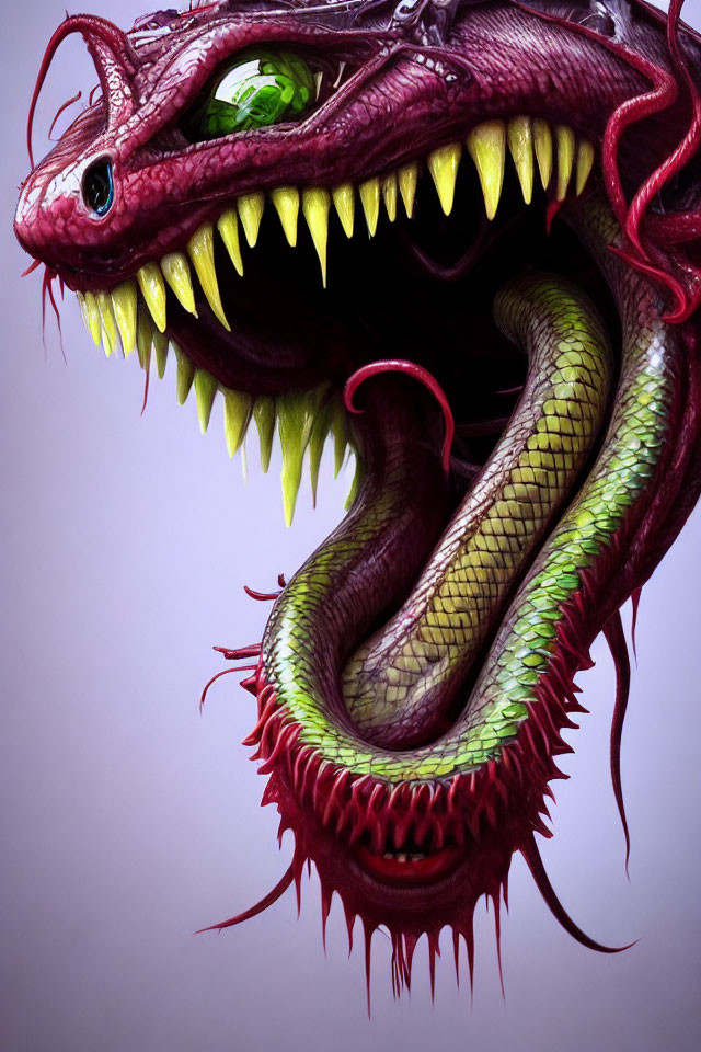 Detailed Illustration of Menacing Dragon with Sharp Teeth and Green Eyes
