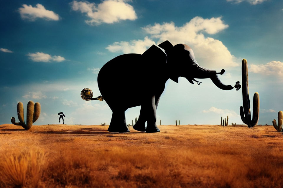 Surreal image: elephant with magnifying glass tail, human figure, vast sky, cact