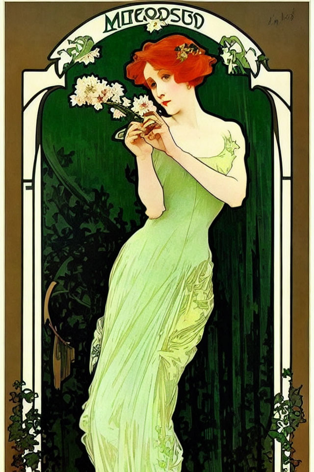Elegant lady in green dress with white flowers in Art Nouveau style illustration