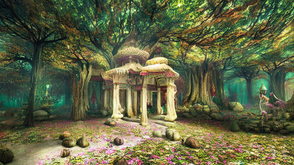 Mystical stone pavilion in enchanted forest with figure and pink petals