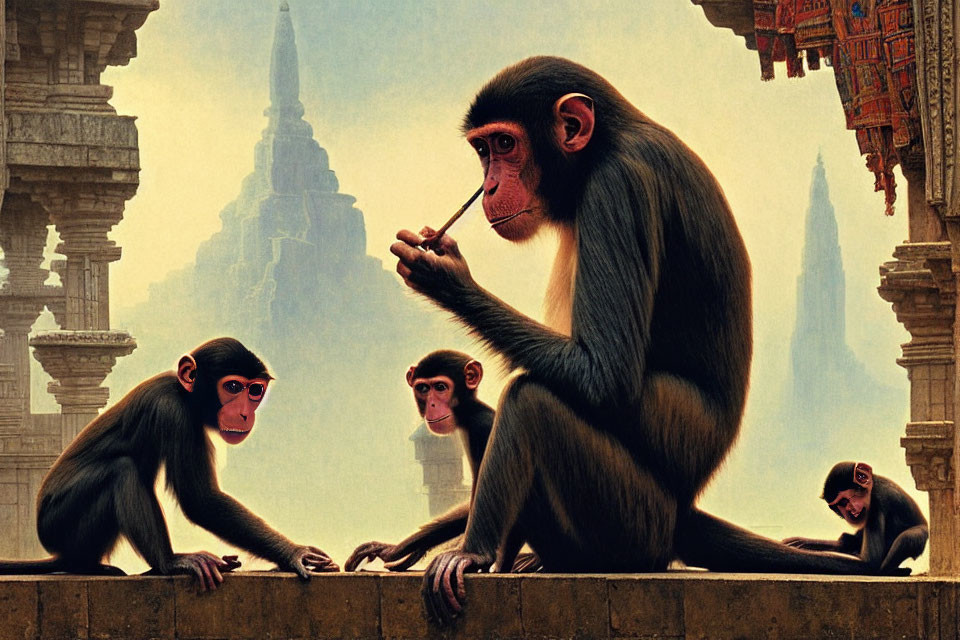 Monkeys on ledge with ancient temple background, one painting another
