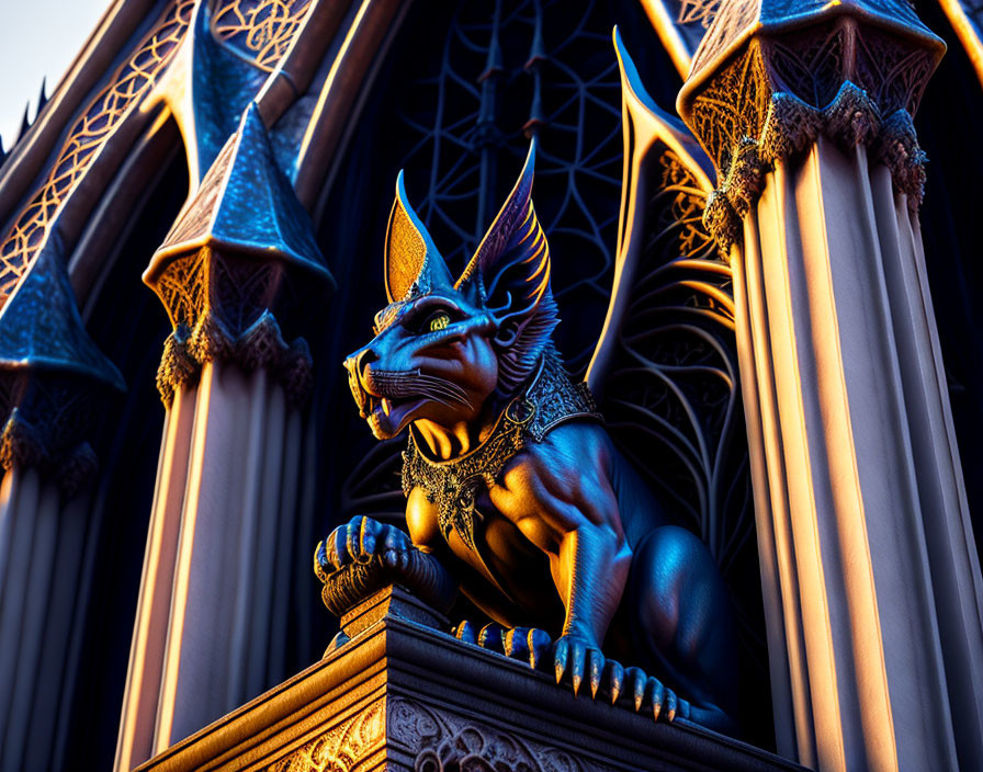 Detailed mythical creature statue on ornate gothic structure under dramatic lighting