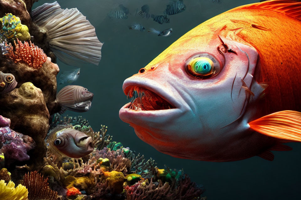 Colorful Underwater Scene with Large Red Fish and Coral Reefs