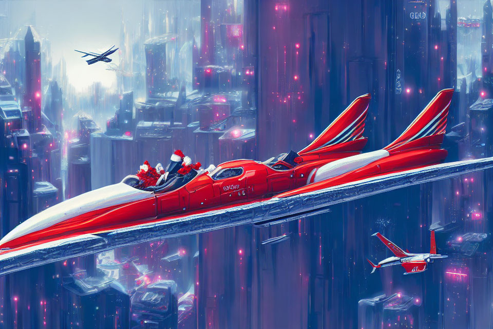 Futuristic Santa Claus flying red sled in blue cityscape