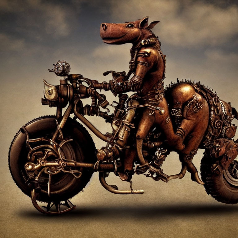 Anthropomorphic boar in armor on steampunk motorcycle with metalwork and gears on sepia