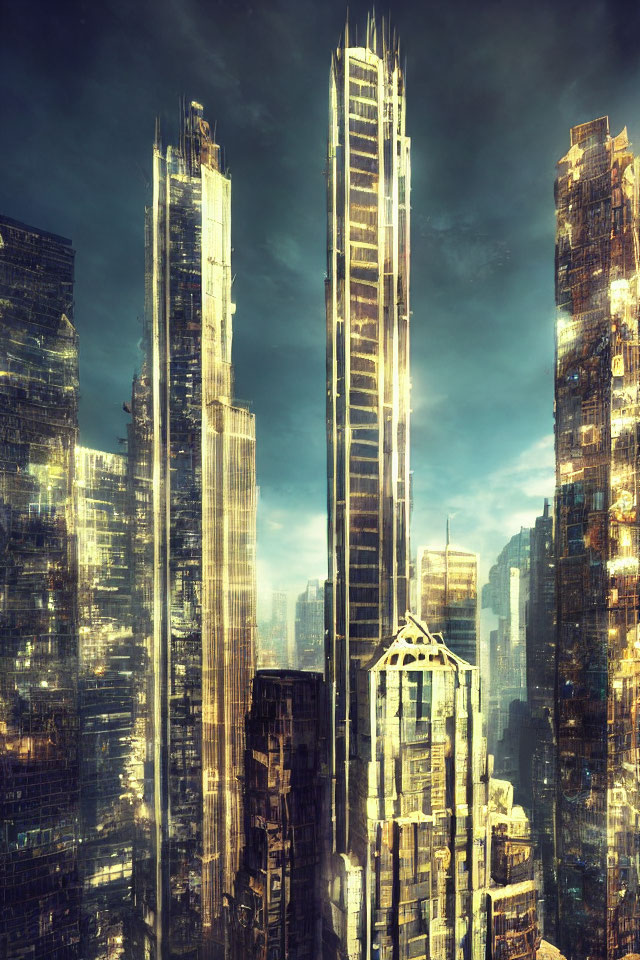 Futuristic skyscrapers in golden sunset light with dramatic cloudy sky
