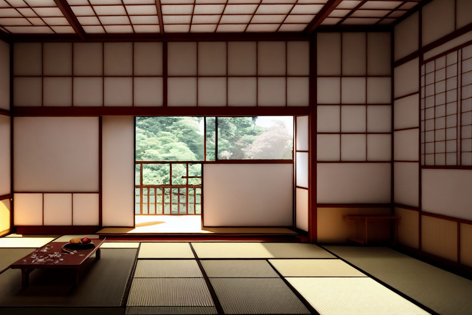 Japanese-style Room with Tatami Flooring, Shoji Screens, Wooden Table, Tea Set, and Green