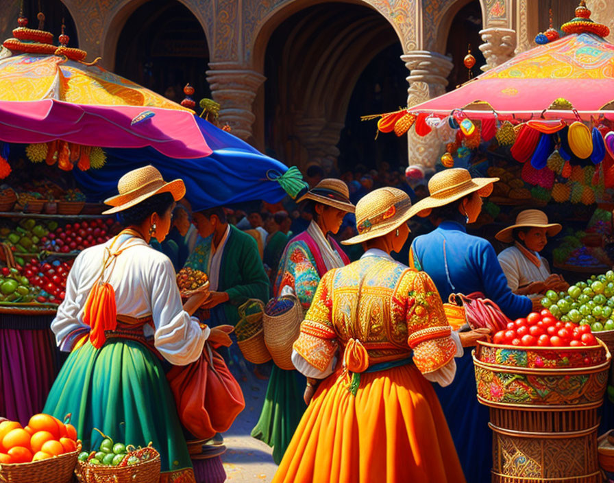 Traditional Attire and Colorful Fruit Stalls in Vibrant Market Scene