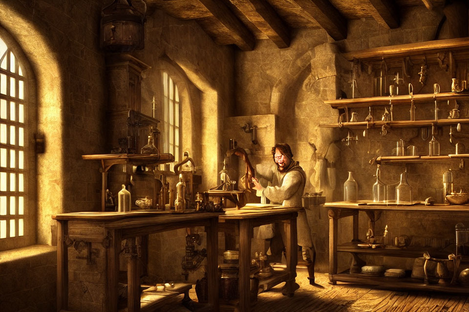 Medieval alchemy lab with person examining flask