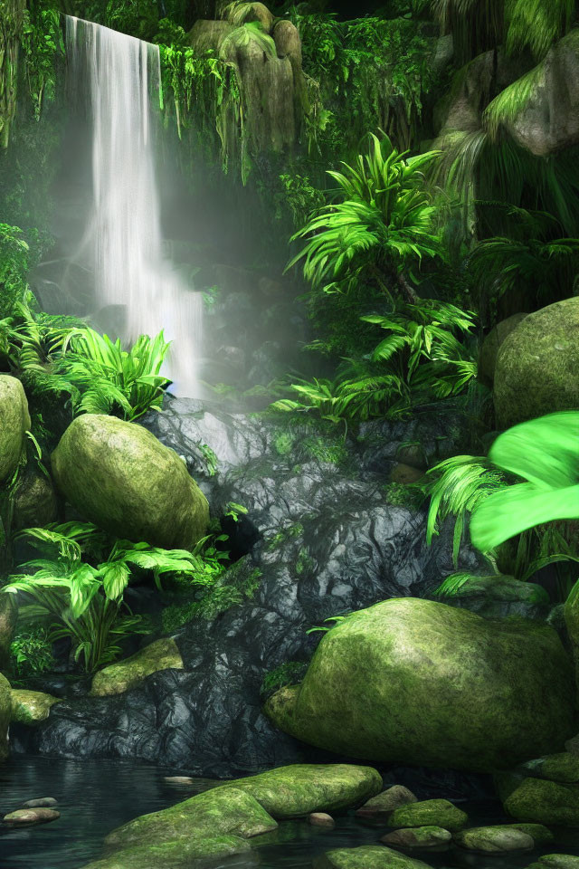 Tranquil forest waterfall with moss-covered rocks