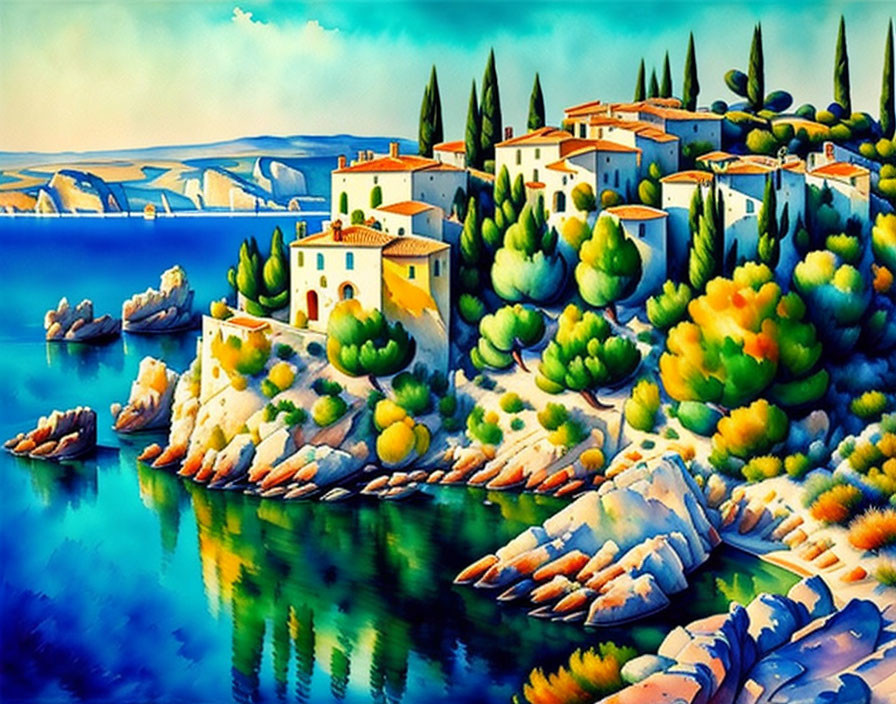 Colorful Coastal Mediterranean Village Painting with Bright Blue Sea