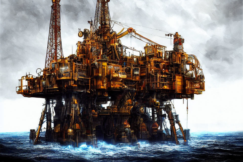 Industrial offshore oil platform in stormy seas with complex structure and machinery against dark skies