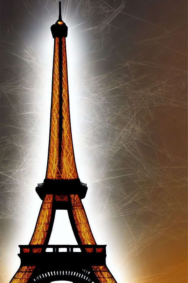 Eiffel Tower Night Illustration with Yellow-Orange Glow