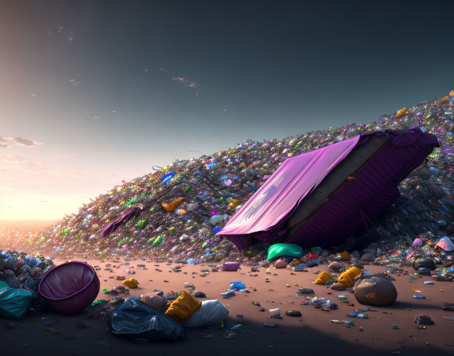 Colorful Garbage Pile Under Sunset Sky