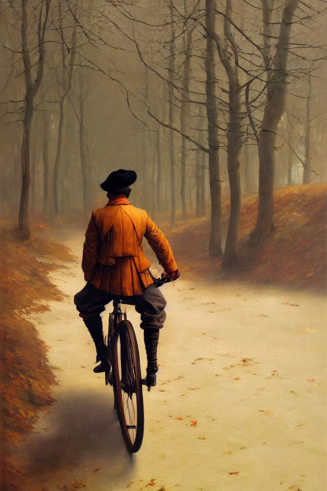 Person in Vintage Orange Jacket Riding Bicycle in Misty Forest