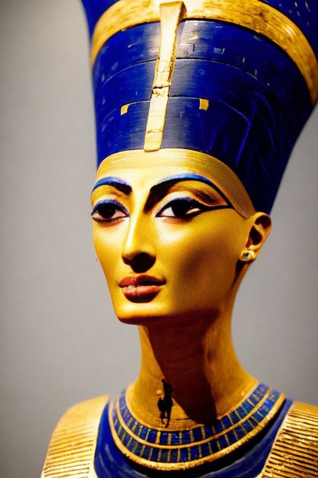 Egyptian figure with blue and gold headdress and elegant necklace