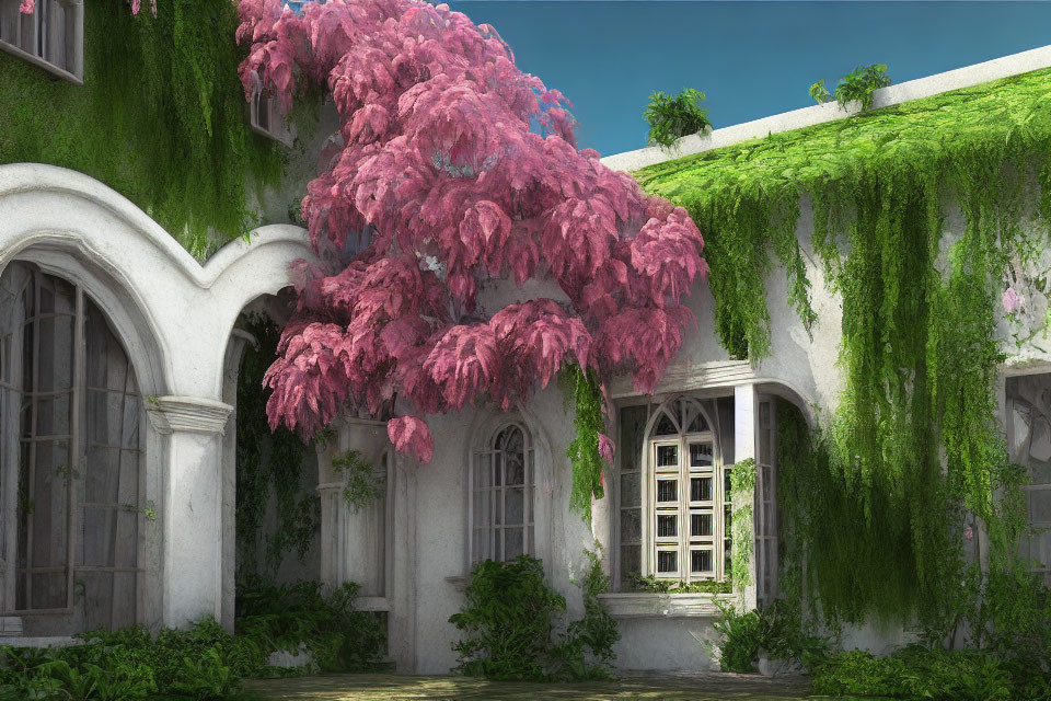 Lush Garden with Pink Flowering Trees and Ivy-Covered Walls